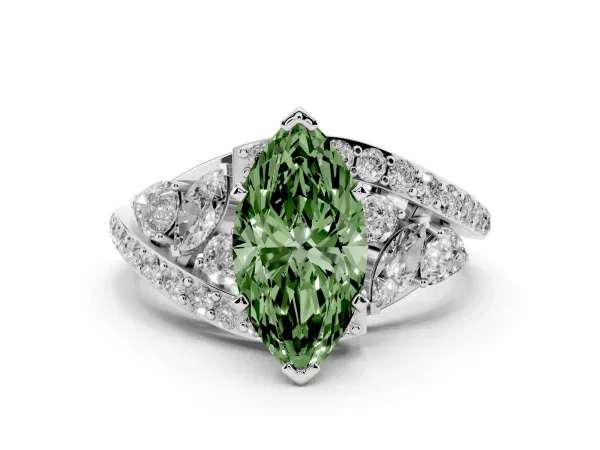 Fancy Green Marquise Cut Diamond Halo Ring with Marquise and Pavé Band in Prong Setting Platinum