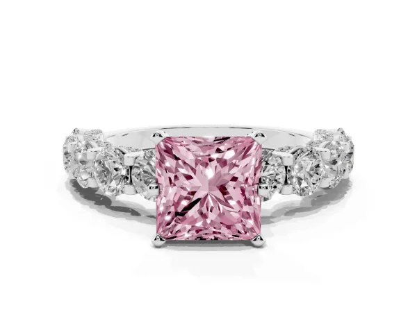 Fancy Pink Princess Cut Diamond Side Stone Engagement Ring with Four-Prong Setting White gold