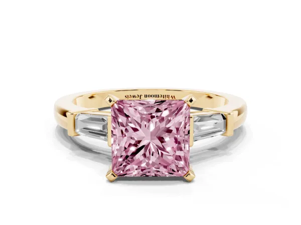 Fancy Pink Princess Cut Cut Diamond Solitaire Ring with Tapered Baguette Accents and Four-Prong Setting Yellow gold