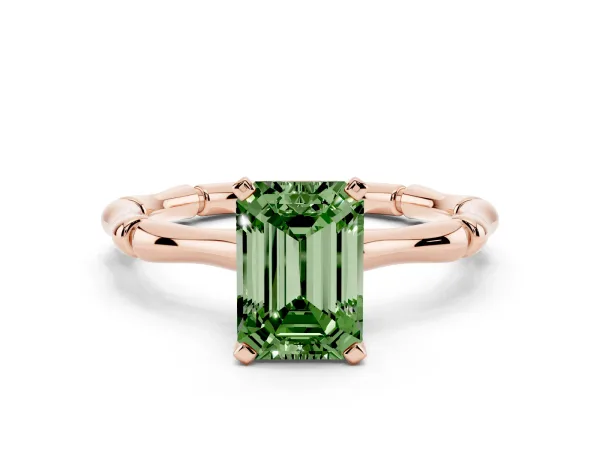 Fancy Green Emerald Cut Solitaire Diamond Ring with Bamboo Band and Four-Prong Setting Rose gold