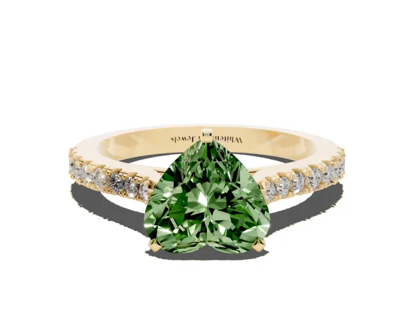 Fancy Green Heart Cut Cut Solitaire Diamond Engagement Ring with Pave Band and Four-Prong Setting Yellow gold
