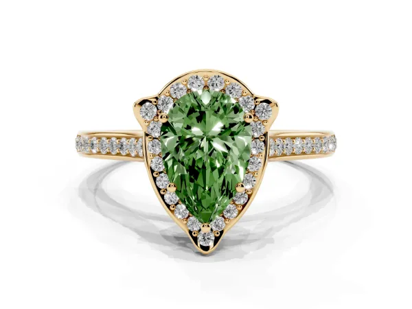 Fancy Green Pear Cut Halo Round Diamond Pave Band with Four-Prong Setting Yellow gold