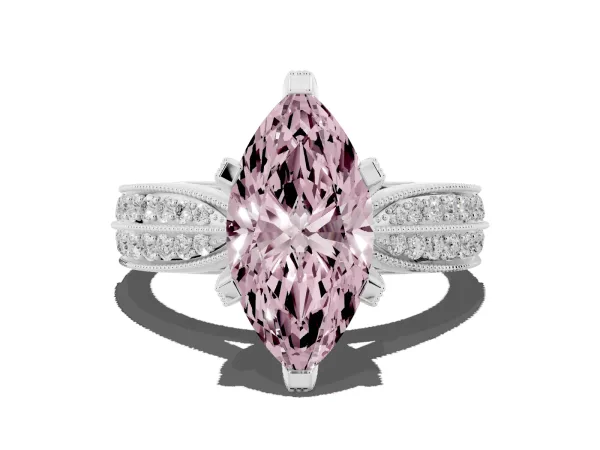 Fancy Pink Marquise Cut Diamond Solitaire Ring with Milgrain Round Pavé Band and Prong Setting Silver