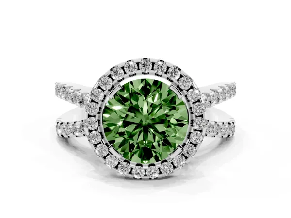 Fancy Green Round Cut Diamond Halo Ring with Split Shank Pavé Band and Prong Setting White gold
