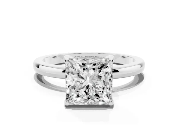 Princess Cut Solitaire Diamond Ring with Prong Setting and Plain Band Platinum