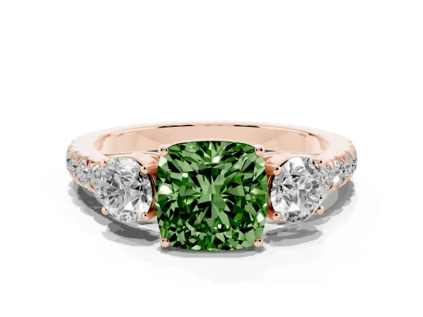 Fancy Green Cushion Cut Cut Diamond Three-Stone Ring with Round Side Stones and Pavé Band Rose gold