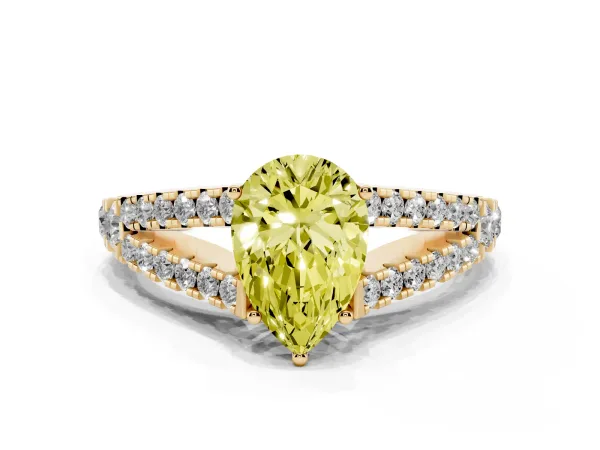 Fancy Yellow Pear Cut Diamond Split Shank Engagement Ring with Round Pavé and Prong Setting Yellow gold
