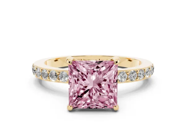 Fancy Pink Princess Cut Diamond Pavé Engagement Ring with Round Accents and Prong Setting Yellow gold
