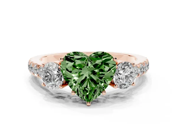 Fancy Green Heart Cut Cut Diamond Three-Stone Ring with Round Side Stones and Pavé Band Rose gold