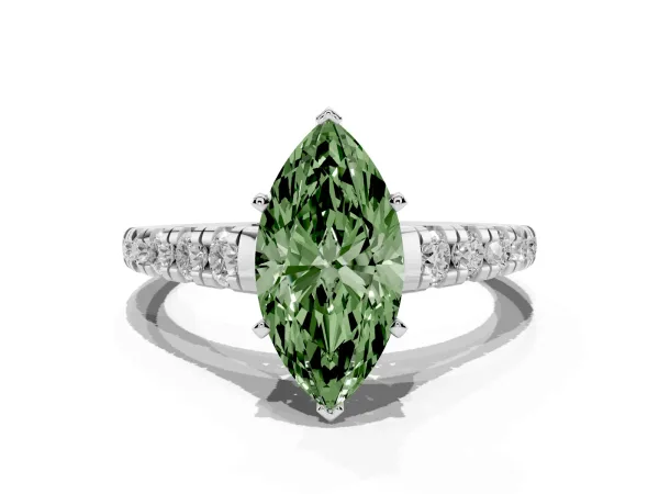 Fancy Green Marquise Cut Diamond Cathedral Solitaire Ring with Round Pavé Band White gold