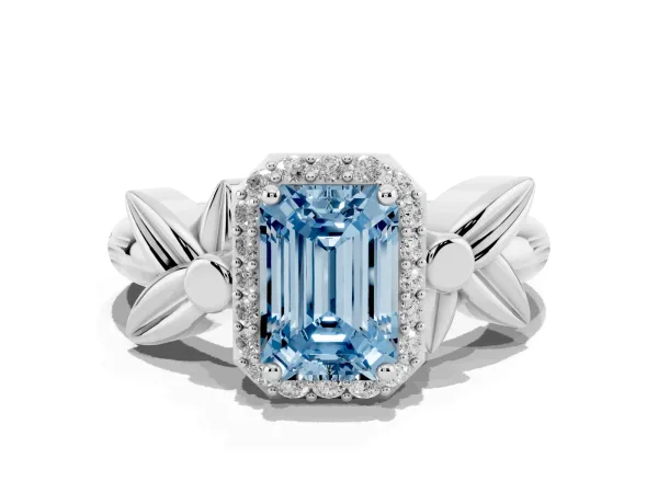 Fancy Blue Emerald Cut Halo Diamond Floral Band with Four-Prong Setting Platinum