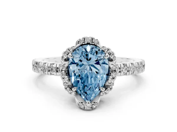 Fancy Blue Pear Cut Halo Diamond Pave Band Ring with Four-Prong Setting White gold