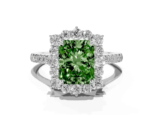 Fancy Green Radiant Cut Halo Diamond Ring with Pavé Band and Prong Setting White gold