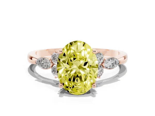 Fancy Yellow Oval Cut Brilliant Diamond Solitaire Ring with Pear Side Stones and Four-Prong Setting Rose gold
