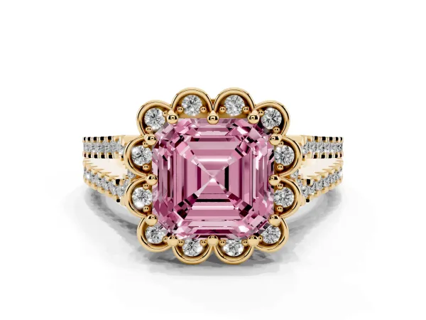 Fancy Pink Asscher Cut Halo Diamond Floral Split Shank Engagement Ring Yellow gold