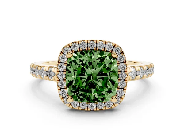 Fancy Green Cushion Cut Diamond Halo Ring with Pavé Band and Four-Prong Setting Yellow gold