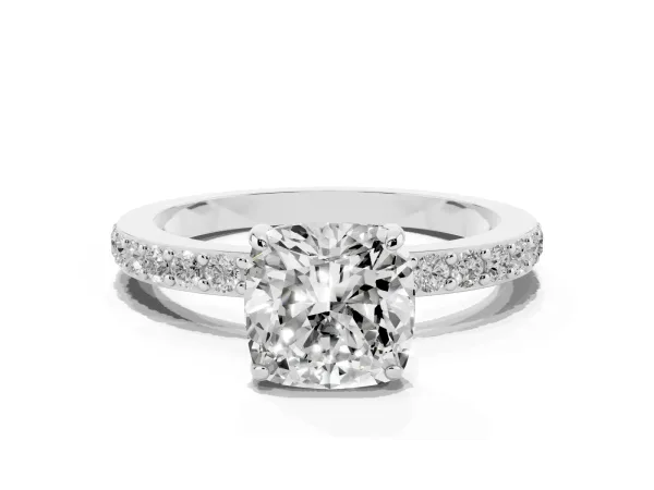 Cushion Cut Diamond Solitaire Engagement Ring with Pavé Band and Four-Prong Setting Platinum