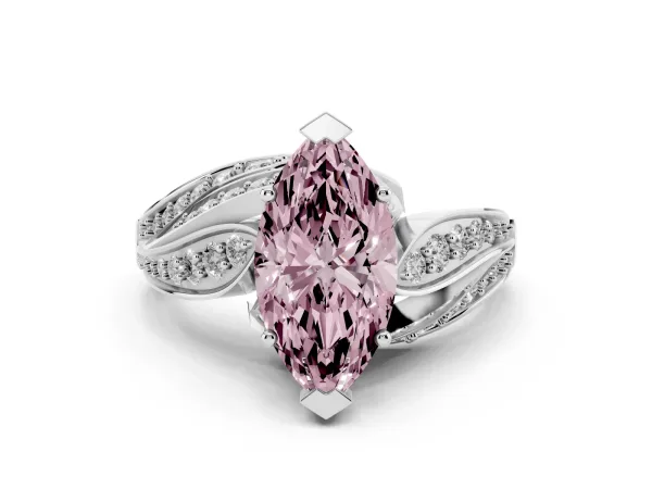 Fancy Pink Marquise Cut Diamond Solitaire Ring with Prong Setting and Twisted Pavé Band White gold