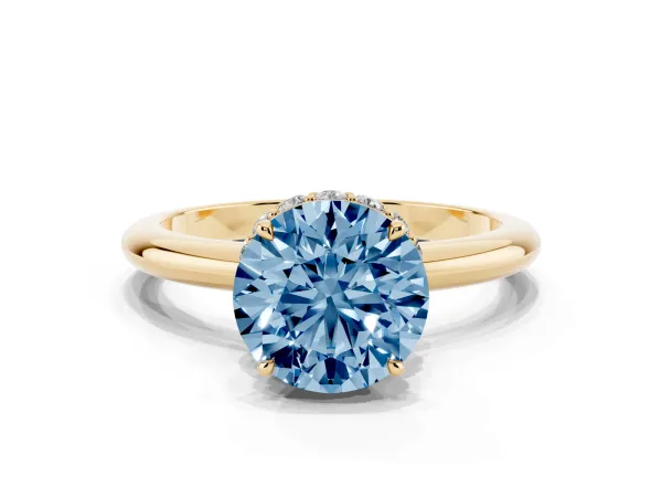 Fancy Blue Round Cut Brilliant Solitaire Engagement Ring with Six-Prong Setting and Classic Band Yellow gold