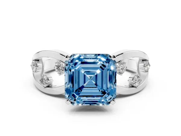 Fancy Blue Asscher Cut Cut Solitaire Diamond with Side Stones on Criss-Cross Band and Four-Prong Setting White gold