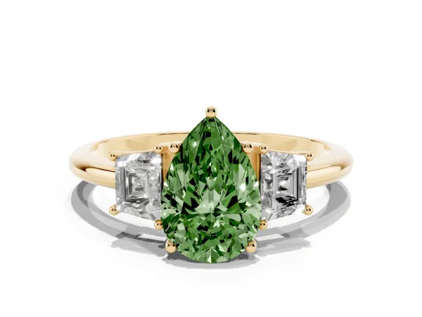 Fancy Green Pear Cut Diamond Three-Stone Ring with Trapezoid Side Stones and Prong Setting Yellow gold