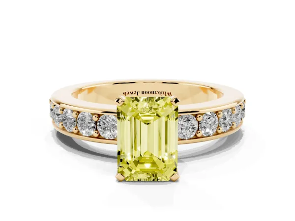 Fancy Yellow Emerald Cut Diamond Engagement Ring with Channel Set Round Band and Prong Setting Yellow gold