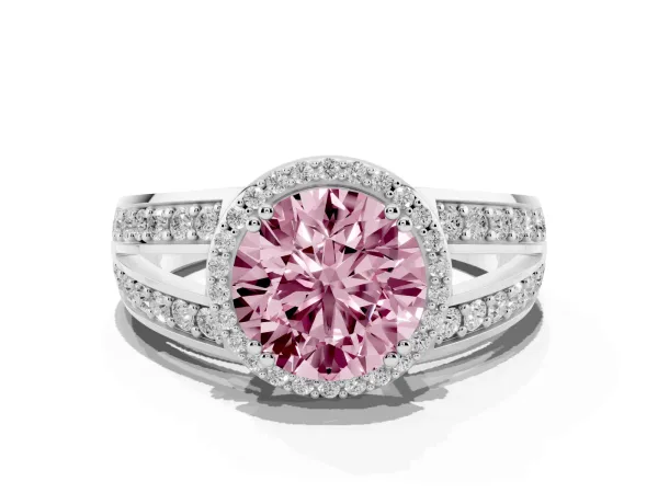 Fancy Pink Round Cut Diamond Halo Ring with Split Shank Pavé Band and Four-Prong Setting Platinum