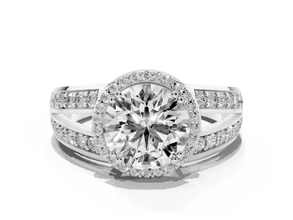 Round Cut Diamond Halo Ring with Split Shank Pavé Band and Four-Prong Setting White gold