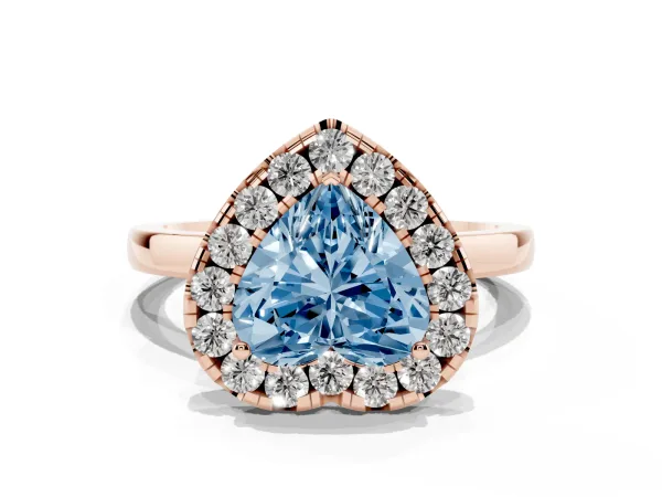 Fancy Blue Heart Cut Halo Diamond Solitaire with Pavé Band and Four-Prong Setting Rose gold