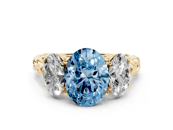 Fancy Blue Three-Stone Oval Cut Diamond Braided Band Ring with Four-Prong Setting Yellow gold