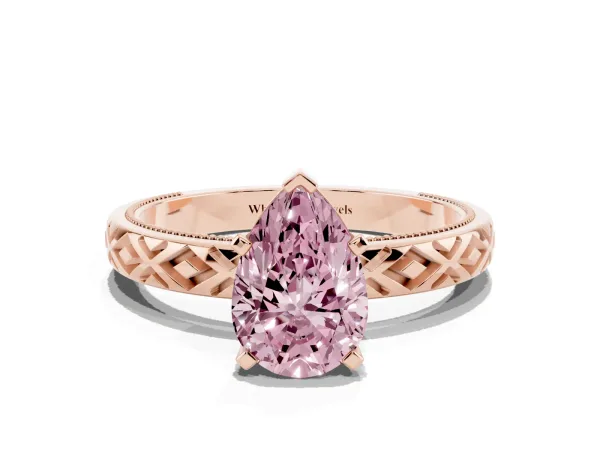 Fancy Pink Pear Cut Solitaire Diamond Ring with Milgrain and Black Enamel X Pattern Band Rose gold