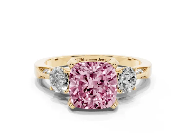Fancy Pink Cushion Cut Brilliant Three-Stone Diamond Ring with Pavé Band and Four-Prong Setting Yellow gold