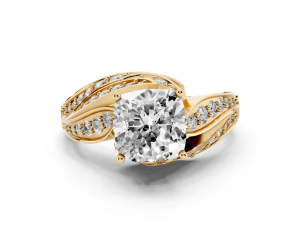 Cushion Cut Diamond Solitaire Ring with Prong Setting and Twisted Pavé Band Yellow gold