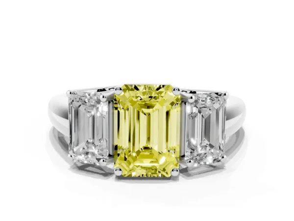 Fancy Yellow Three-Stone Emerald Cut Diamond Engagement Ring with Prong Setting Platinum