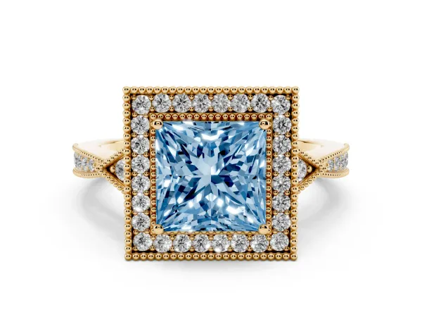 Fancy Blue Princess Cut Halo Round Diamond Milgrain Pave Engagement Ring Yellow gold