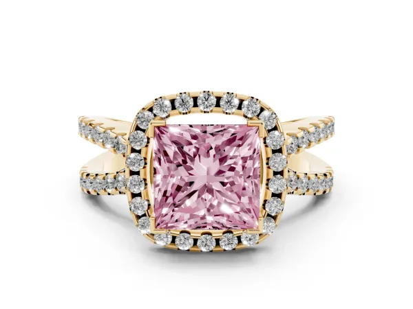 Fancy Pink Princess Cut Diamond Halo Ring with Split Shank Pavé Band and Prong Setting Yellow gold