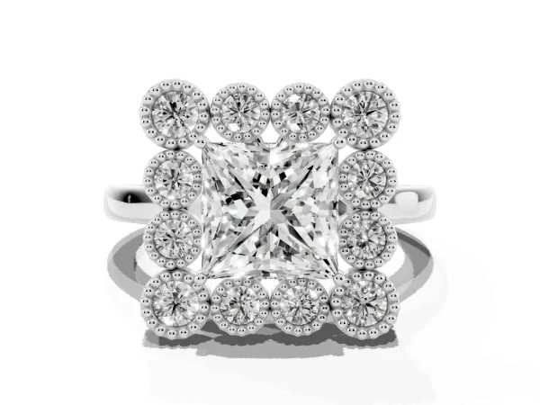 Princess Cut Halo Diamond Cluster Engagement Ring with Milgrain Bezel Setting and Solitaire Band Platinum