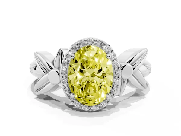 Fancy Yellow Oval Cut Halo Diamond Floral Band with Four-Prong Setting Platinum
