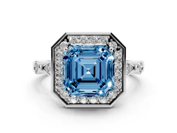 Fancy Blue Asscher Cut Halo Diamond Engagement Ring with Twisted Band and Four-Prong Setting Platinum