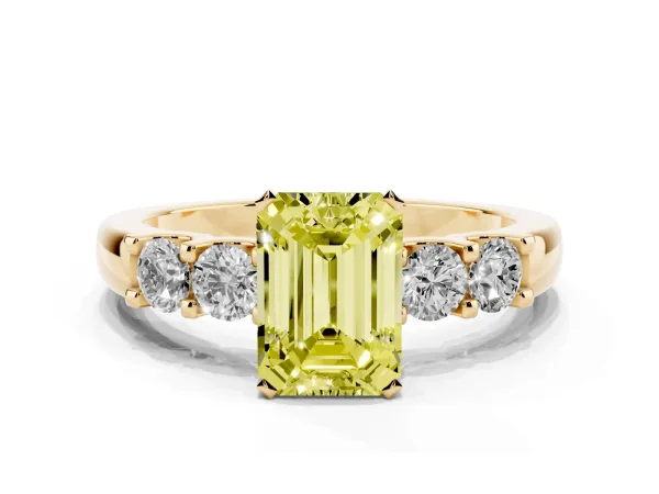 Fancy Yellow Emerald Cut Brilliant Cut Diamond Five-Stone Prong Set Engagement Ring with Channel Band Yellow gold