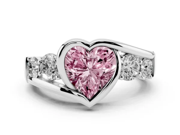 Fancy Pink Bezel Set Heart Cut Diamond Bypass Ring with Round Accents White gold