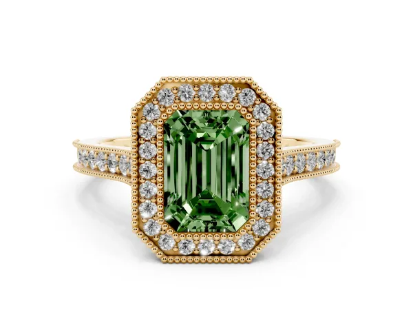 Fancy Green Halo Emerald Cut-Cut Diamond Pave Band Milgrain Prong Setting Ring Yellow gold