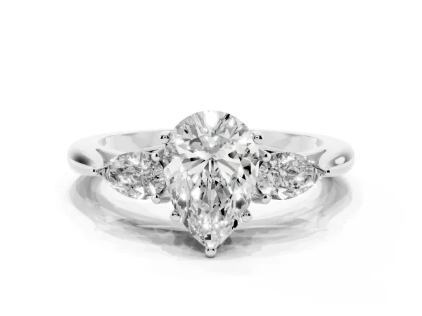 Three-Stone Pear Cut Brilliant Diamond Solitaire Ring with Tapered Band and Four-Prong Setting Platinum