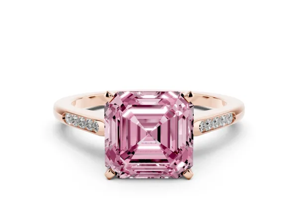 Fancy Pink Asscher Cut Diamond Solitaire Ring with Channel Set Round Band and Prong Setting Rose gold