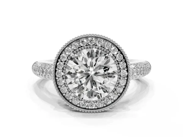 Round Cut Cut Halo Diamond Pave Band with Four-Prong Setting White gold
