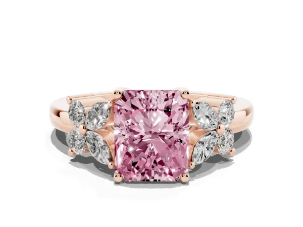Fancy Pink Radiant Cut Diamond Floral Cluster Ring with Solitaire Band and Prong Setting Rose gold