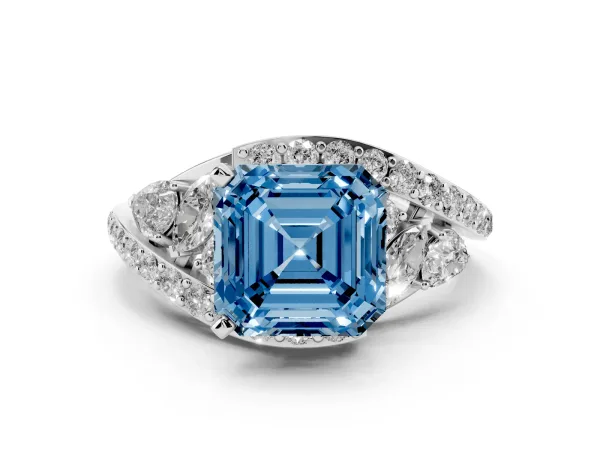 Fancy Blue Asscher Cut Diamond Halo Ring with Marquise and Pavé Band in Prong Setting White gold