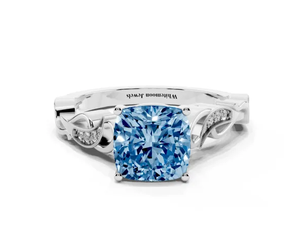 Fancy Blue Cushion Cut Solitaire Vine Band with Milgrain Prong Setting Platinum