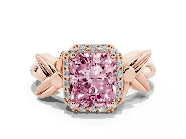 Fancy Pink Radiant Cut Halo Diamond Floral Band with Four-Prong Setting Rose gold