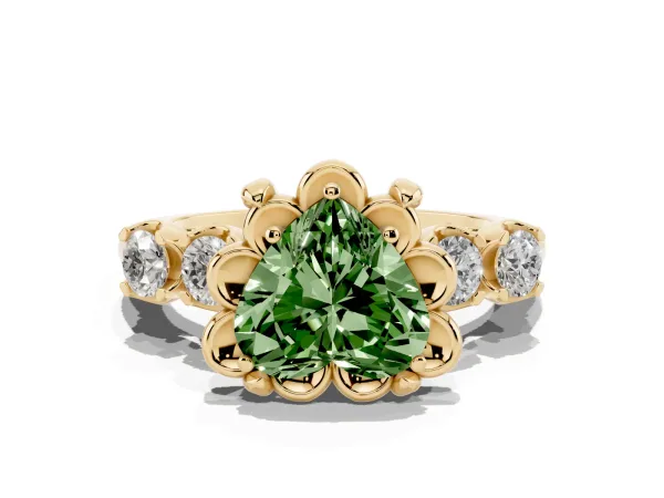 Fancy Green Heart Cut Cut Diamond Floral Halo Engagement Ring with Shared Prong Setting Yellow gold